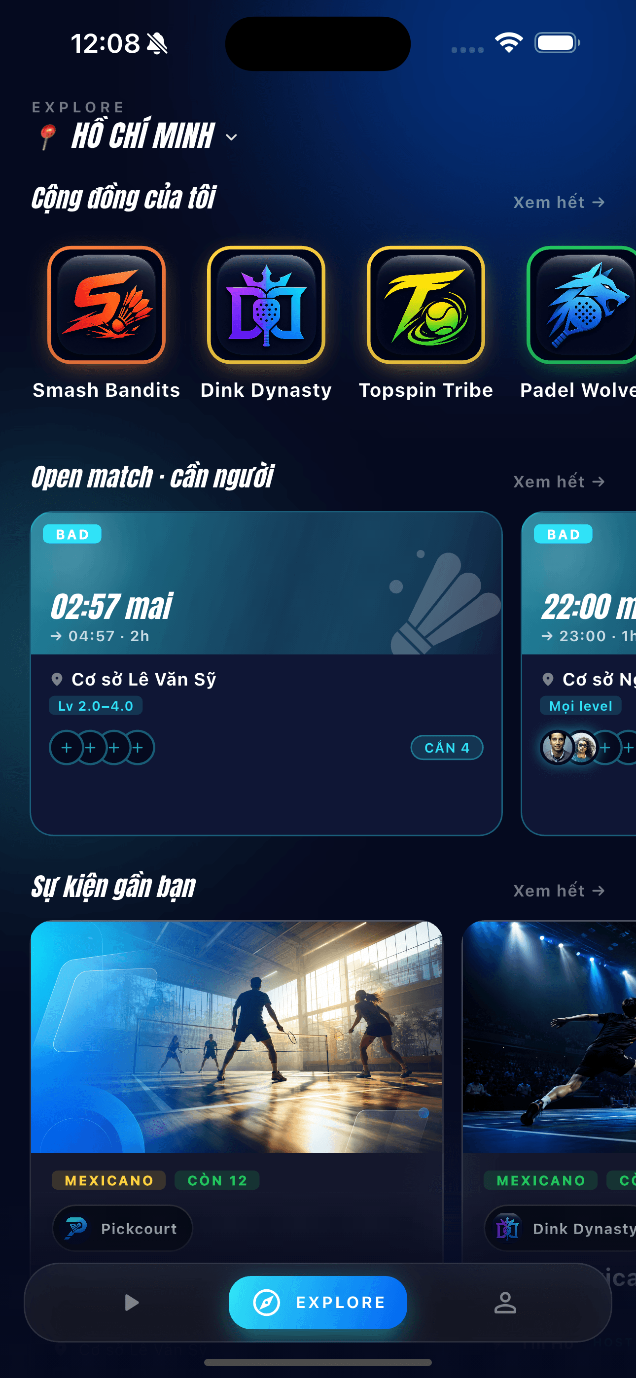 Pickcourt mobile — Explore: communities, open match, events